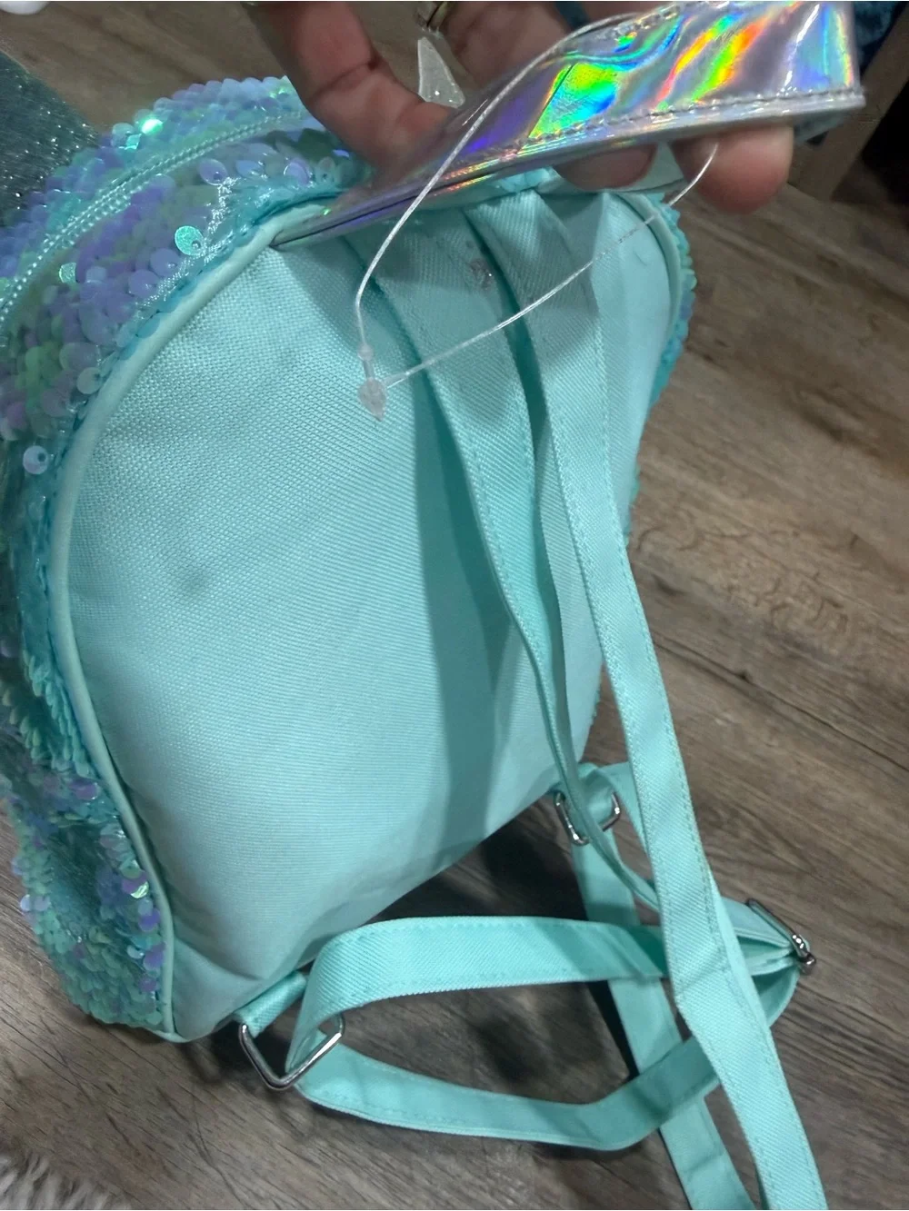 A initial Justice Aqua Blue Sequin Owl Mini Backpack 10”x8”x2.5”